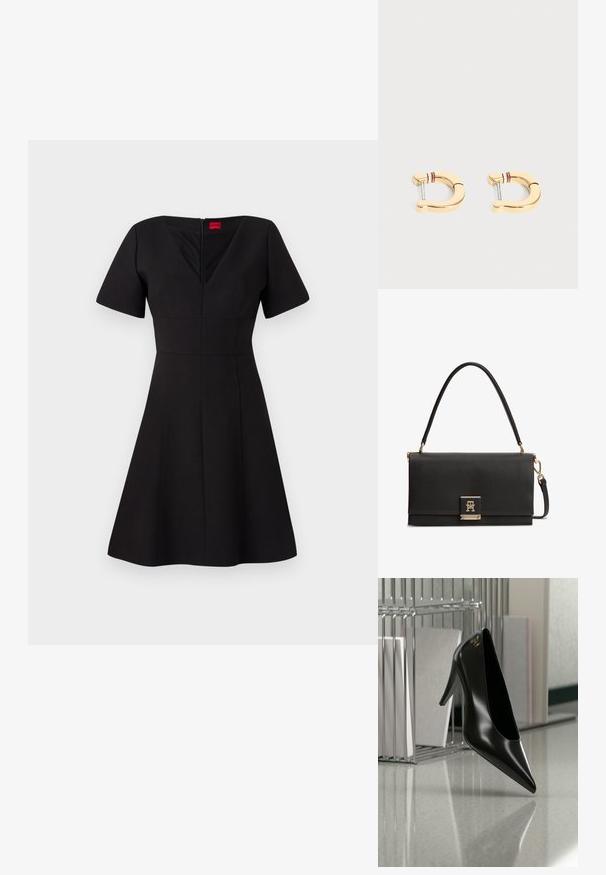 Robe noire avec un corsage ajusté et une jupe évasée. Comprend des manches courtes, un décolleté en V, une fermeture éclair au dos et des coutures créant une silhouette structurée.; Chaussure noire à talon haut avec bout pointu et logo doré, posée sur une surface réfléchissante près d'un organiseur de dossiers en fil chromé contenant des documents.; Sac à main en cuir noir texturé avec une poignée supérieure, un fermoir doré présentant un logo TH entrelacé, et une bandoulière détachable.; Paire de boucles d'oreilles créoles dorées brillantes de forme carrée avec un petit détail rayé rouge, blanc et noir près du fermoir sur fond blanc.