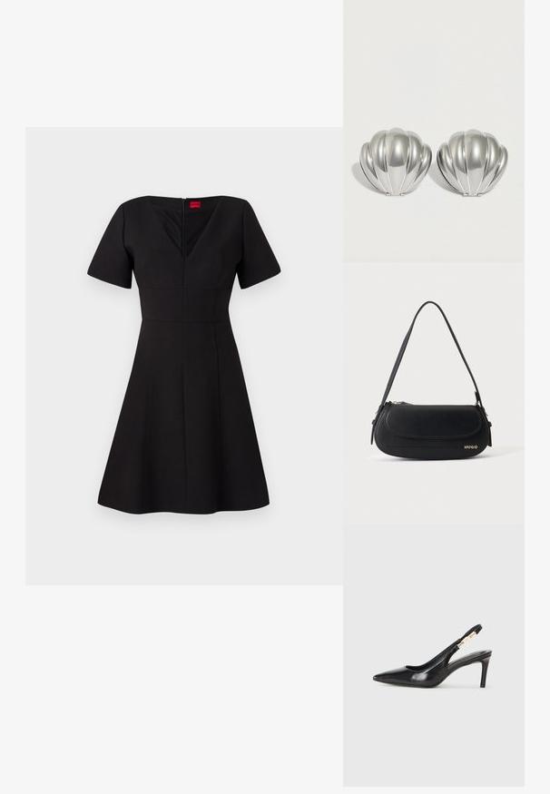 Sort kjole med tætsiddende liv og flagrende skirt. Har korte ærmer, V-hals, lynlås bagpå og sømme, der skaber en struktureret silhuet.; Sort læder slingback højhælede sko med spidse tæer, glat overflade og en smal ankelrem med guldfarvede hardware detaljer.; Sort skuldertaske i læder med buet klap, guld "HUGO" logo på forsiden og enkelt justerbar strop.; To sølvfarvede kompakte spejle formet som muslingeskaller med ribbede detaljer, placeret side om side på en hvid baggrund.