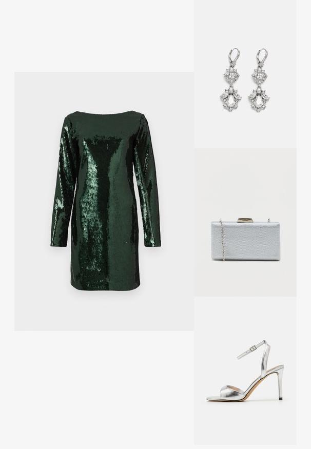 Robe en sequins verts à manches longues et décolleté carré, présentant une silhouette ajustée et une surface texturée brillante.; Sandale à talon haut argentée avec un bout ouvert, texture métallique et bride de cheville ajustable. Présente un talon aiguille effilé et une semelle intérieure lisse.; Clutch rectangulaire en argent fabriqué en tissu métallique texturé, avec une fermeture à fermoir et une chaîne amovible pour le transport.; Boucles d'oreilles en métal argenté ornées de plusieurs pierres précieuses en cristal transparent en forme de goutte et de marquise, avec des fermoirs à levier et des détails complexes.