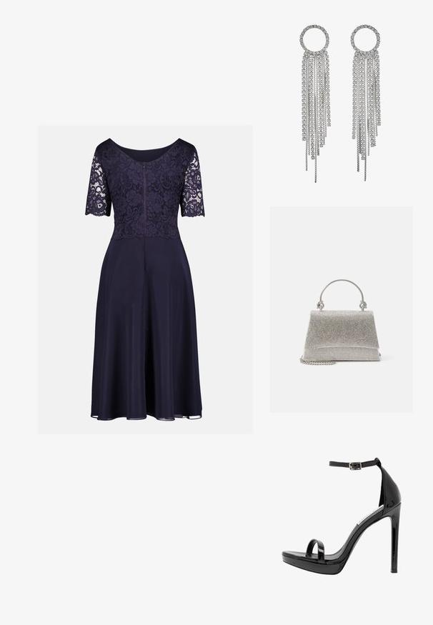 Marineblaues knielanges Kleid mit floraler Spitzenoberseite, halblangen Ärmeln, Rundhalsausschnitt und fließendem einfarbigem Rock.; Steve Madden MILANO - High Heel Sandalette - black; ALDO FELISIA - Handtasche - silver-coloured; Silberfarbene Ohrhängern mit einem runden Oberteil, das kaskadierende Ketten und quadratische, geschliffene Rhinestones zeigt und ein lineares, mehrstufiges Design präsentiert.