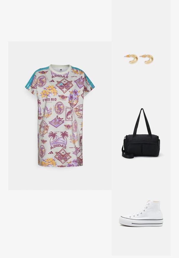 adidas Sportswear FARM DRESS - Trikotaažkleit - ash silver/corn gold/violet fusion; Valged kõrged tossud, millel on tekstiilmaterjal, must kummist tallat ja kontrastne must riba keskosas. Ümar varbakiht ja nöörimise disain.; Must mustpuss, mis on valmistatud vastupidavast nailonist. Omab kahte kandmistaskut ja eemaldatavat õlarihma. Lukustatav peamine osa koos ees oleva taskuga.; Kuldne kuu kujuline kõrvarõngas sileda pinnaga, millel on oranžid aktsendid postide lähedal ja hõbedane riistvara.