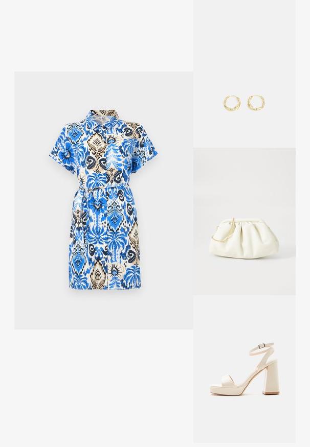 Vestido de manga corta con cuello tipo camisa, que presenta patrones florales en azul y negro sobre un fondo beige, con cintura ajustada y un cinturón.; Sandalia de plataforma beige con tacón grueso de bloque, puntera abierta y correa en el tobillo con hebilla metálica sobre fondo blanco.; Bolso de mano de cuero blanco con un diseño recogido, cuenta con una cadena dorada y forma redondeada. Textura suave con pliegues suaves y sin patrones.; Pendientes de aro de oro con una superficie texturizada e irregular. Presentan un diseño ligero y una forma circular, aptos para el uso diario.