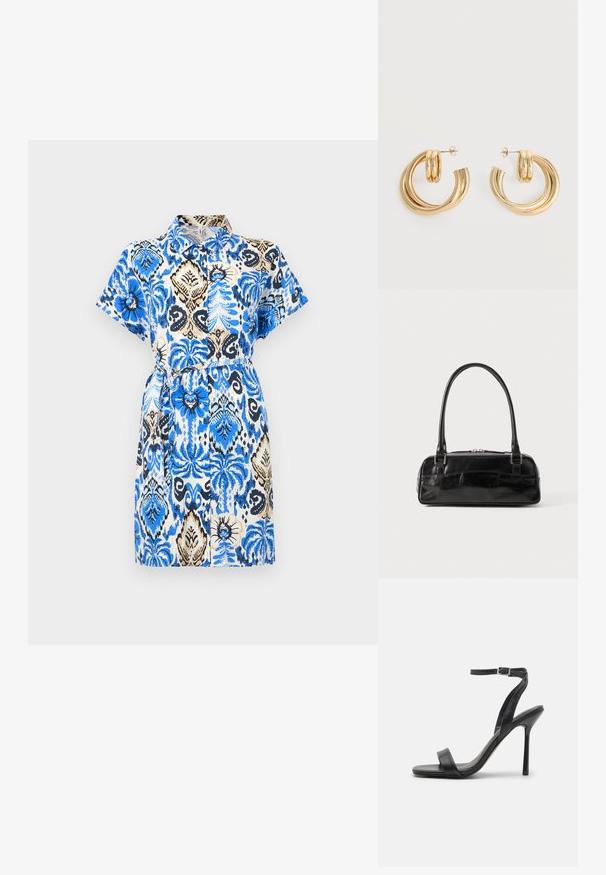 Kortærmet kjole med krave, prydet med blå og sorte blomster mønstre på en beige baggrund, med indsnævret talje og bælte.; Sort højhælet sandal med en slank ankelrem og to forreste bånd. Lavet af glat læder med en slank spids tå og stilettohæl.; Sort læderhåndtaske med rektangulær form, der har et enkelt struktureret håndtag, sølvhardware og lynlås-lukning. Glat tekstur.; Par af skinnende gyldne dobbelt loop øreringe med stift-lukning på hvid baggrund.