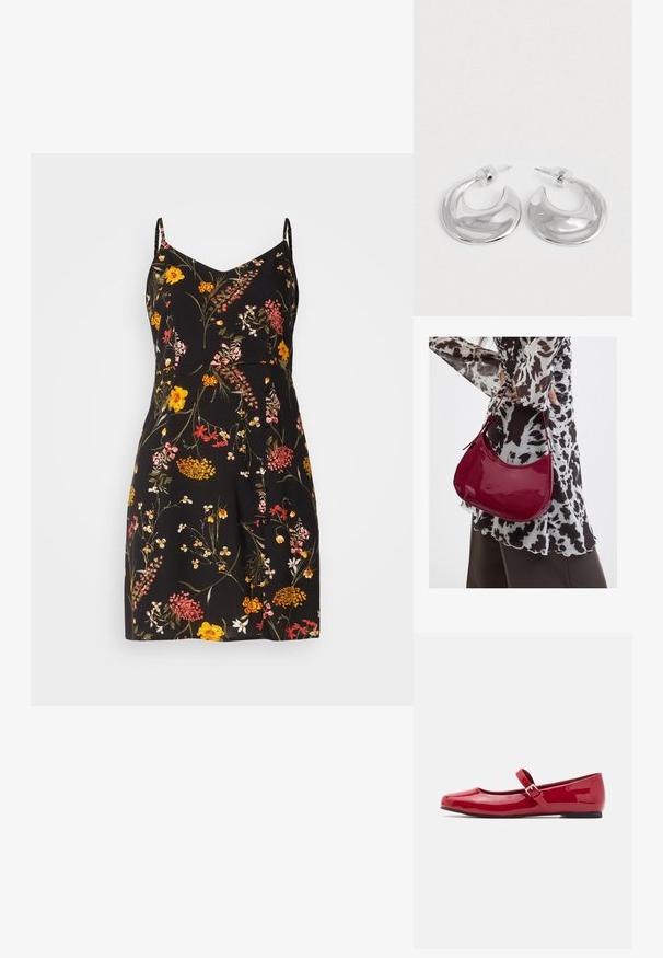 Vestido floral con base negra, que presenta flores coloridas en tonos de amarillo, rosa y rojo. Diseñado con tirantes finos y una falda plisada.; Bailarinas de charol rojas tipo Mary Jane con punta cuadrada, correa con hebilla y un bajo tacón negro. Textura suave y acabado brillante.; Mujer con blusa de estampado en blanco y negro sosteniendo un bolso de hombro rojo brillante sobre un fondo liso.; Un par de pendientes de aro en forma de media luna pulidos en plata, con respaldos de plástico transparente, sobre una superficie blanca.
