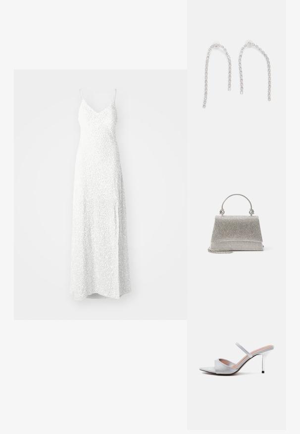 YAS YASMIRA STRAP TRAIN DRESS CELEB - Oblečenie na špeciálnu príležitosť - gardenia; Strieborný vysoký podpätok typu mule so špicatou špičkou, trblietavým širokým remienkom cez prsty a tenkým remienkom cez chodidlo, na bielom pozadí.; ALDO FELISIA - Kabelka - silver-coloured; Strieborné náušnice s visiace reťazce, zdobené viacerými priehľadnými drahými kameňmi usporiadanými v lineárnom vzore, ktoré poskytujú trblietavý efekt.