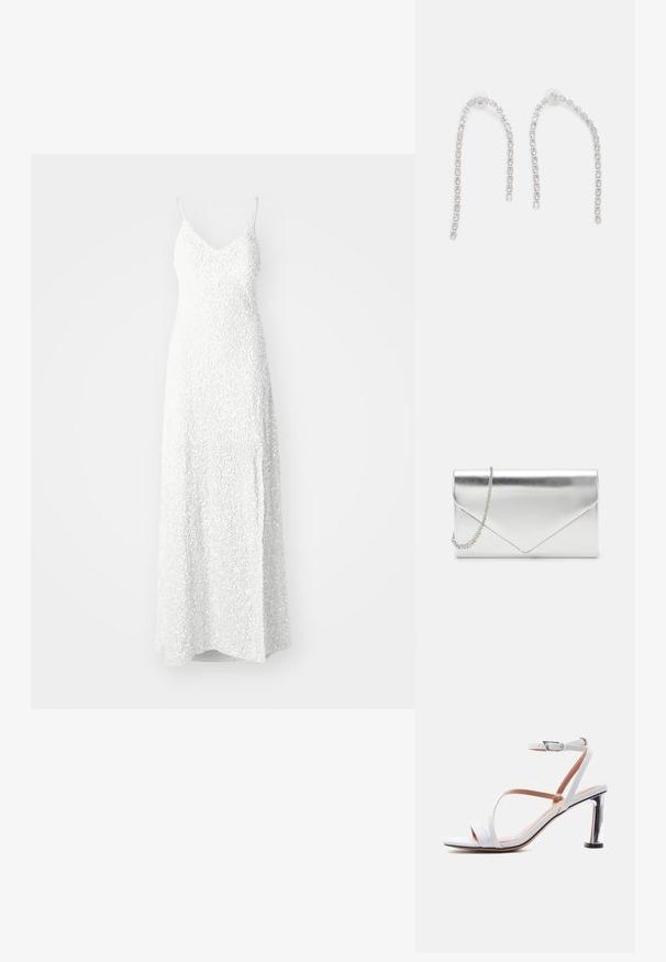 YAS YASMIRA STRAP TRAIN DRESS CELEB - Pidulikud riided - gardenia; Valge sädelevate rihmadega sandaal pahkluu pandlaga ja läikiva hõbedase plokk-kontsaga, küljelt valgel taustal.; Hõbedane metallist kott lukuga, ümbrikukujuline disain ja eemaldatav keti rihm. Sile tekstuur, nurga all õmblused.; Hõbedased kõrvarõngad, millel on rippuvad kettid ning mitmed selged vääriskivid, paigutatud lineaarsesse mustrisse, andes sädeleva efekti.