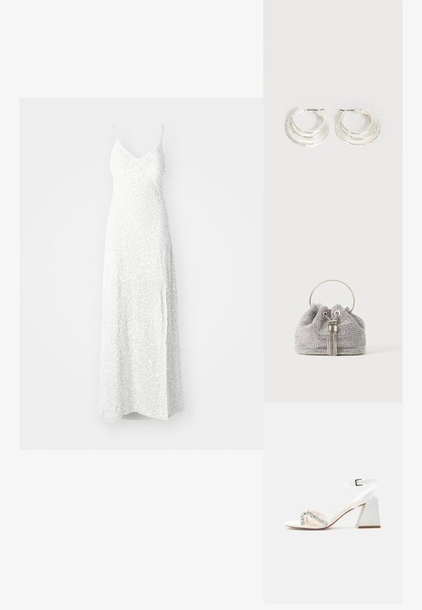 YAS YASMIRA STRAP TRAIN DRESS CELEB - Pidulikud riided - gardenia; Valge avatud varbaga sandaal plokktallaga, pahkluu rihma pandlaga ning ristuvad ees olevad rihmad, mis on kaunistatud läbipaistvate kivikestega.; Väike hõbedane õlakott, mis on kaetud sädelevate kivikestega, ümmarguse metallkäsivarre ja kahe dekoratiivse tutiga ees.; Hõbedast rõngakujulised kõrvarõngad, millel on kolm kihilist poolringikujulist paela, üks kaunistatud väikeste läbipaistvate kristallidega heledal taustal.