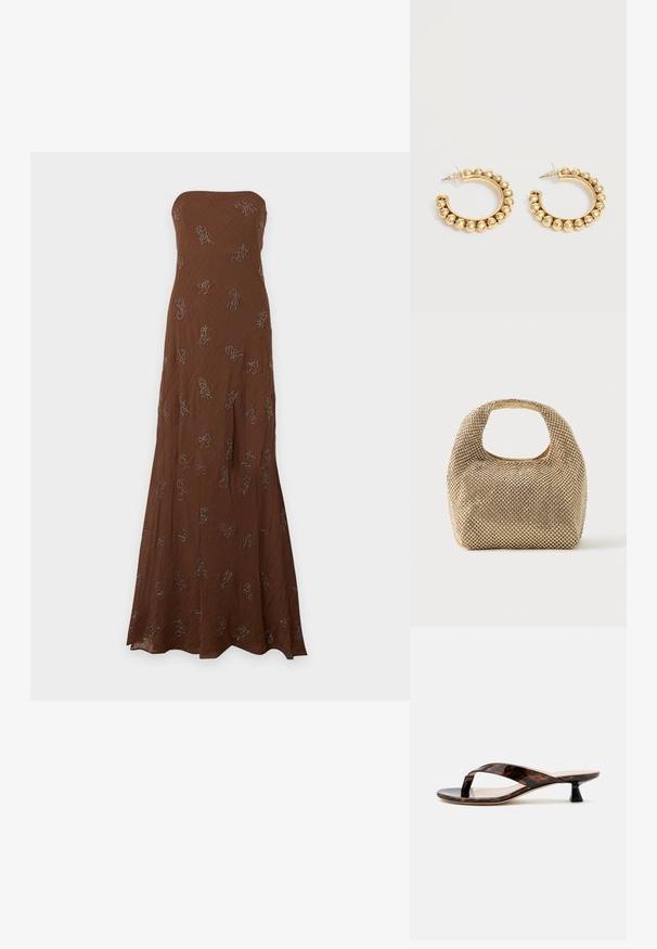 Robe maxi marron sans bretelles avec un motif subtilement texturé et de petits motifs floraux brodés dispersés.; Sandale à talon kitten écaille de tortue marron avec bride entre les orteils et bout carré sur un fond clair uni.; Petit sac à main doré recouvert de clous ronds brillants avec une poignée courte et une découpe rectangulaire en haut.; Paire de boucles d’oreilles créoles dorées avec des détails de perles arrondies le long du bord extérieur sur un fond clair.