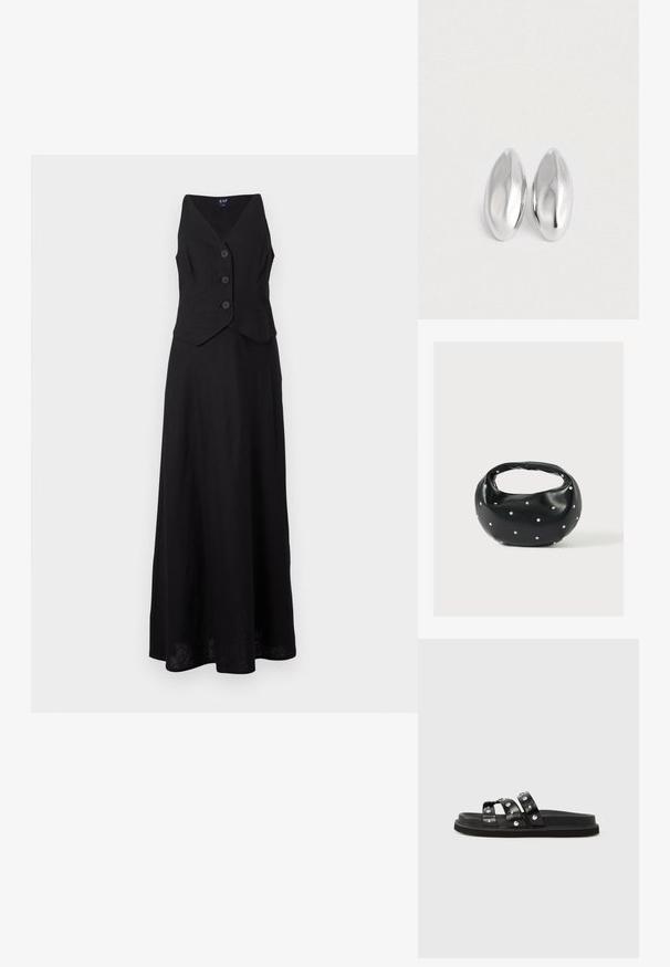 Must mustrikk dress ilma varrukatega, nupuga vestilaadne ülaosa ja laienev seelik, esitatud valgel taustal.; Mustad libisevad sandaalid, millel on kolm laia rihma ja hõbedased naelad. Siledast nahast materjal, lame tald ja tekstuuriga tallapadi.; Mustast nahast ümmarguse kujuga käekott, kaunistatud hõbedaste naeladega, lühikese sangaga. Sile tekstuur ja tõmblukuga sulgemine.; Kaks siledat, läikivad hõbedast ovaalset esemet, asetatud kõrvuti tavalisel valgel taustal.