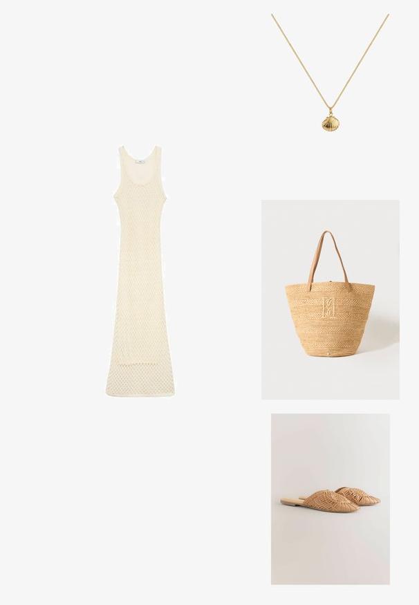 Strikkjole i lys beige med en tætsiddende pasform, der har en scoop halsudskæring og åben mesh-mønster over det hele, som når til midt på læggen.; Vævede læder slidesandaler i lysebrun, med et oversized vævet overdelsdesign og en flad sål. Spidse tæer giver et elegant udseende.; Beige vævet stråtaske med to lysebrune læderhåndtag og et diskret broderet monogram i midten foran.; Guldhalskæde med et skaldformet vedhæng med ribbede detaljer, hængende fra en fin kæde, hvilket skaber et elegant udseende.