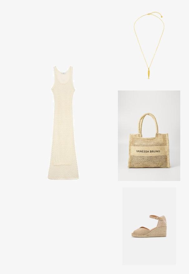 Strikkjole i lys beige med en tætsiddende pasform, der har en scoop halsudskæring og åben mesh-mønster over det hele, som når til midt på læggen.; Castañer BIANCA - Espadrilles - sand; Beige vævet tote bag med to håndtag og "VANESSA BRUNO" trykt i sort på et solidt vævet panel i midten.; Delikat gyldent kædehalskæde med lille gylden fisk-formet vedhæng og justerbar lås på hvid baggrund.
