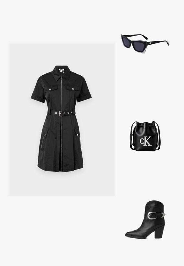 Schwarzes Kleid mit kurzen Ärmeln, Reißverschluss vorne, zwei Brusttaschen und seitlichen Taschen. Es hat eine taillierte Silhouette mit silbernen Hardware-Elementen.; Schwarze Leder-Stiefelette mit spitzer Zehe, klobigem Absatz und einem breiten Riemen mit einer kreisförmigen silbernen Schnalle an der Seite. Glatte Textur.; Schwarze übergroße Sonnenbrille mit geometrischer Form, ausgestattet mit dunklen Gläsern und einem kontrastierenden grauen Detail im Rahmen. Logo am Bügel.; Schwarze Leder-Bucket-Bag mit Kordelzugverschluss oben und weißem "cK" Logo auf der Vorderseite, mit verstellbarem Schulterriemen.