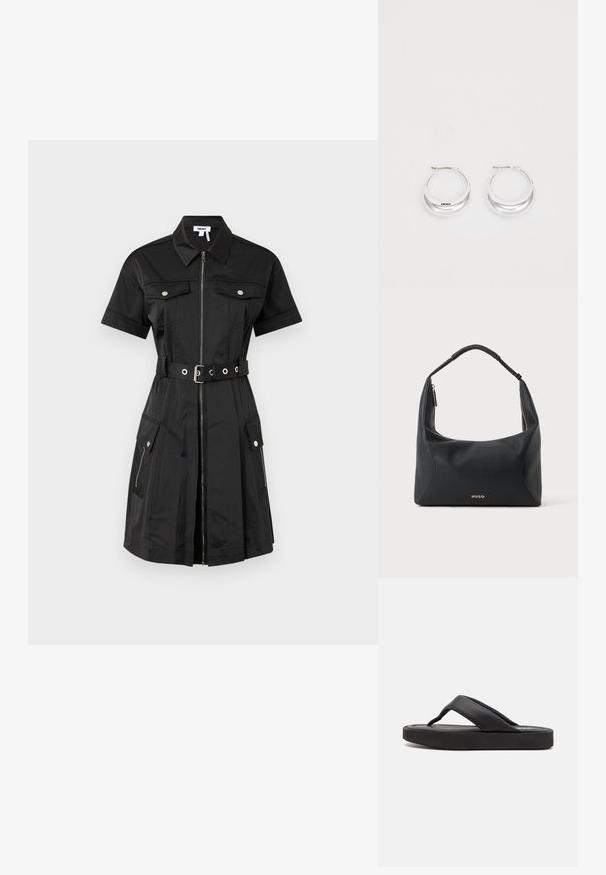 Schwarzes Kleid mit kurzen Ärmeln, Reißverschluss vorne, zwei Brusttaschen und seitlichen Taschen. Es hat eine taillierte Silhouette mit silbernen Hardware-Elementen.; Schwarze Flip-Flops mit einem breiten Zehensteg und einem weichen synthetischen Obermaterial. Sie verfügen über eine dicke Gummisohle mit einer strukturierten Fußbett für besseren Halt.; Schwarze Leder-Schultertasche mit geflochtenem Griff, goldfarbenem Reißverschlussdetail und kleinem goldfarbenem "HUGO"-Logo mittig vorne.; Silberne Creolen mit glänzender Oberfläche und DKNY-Logo, vor einem schlichten weißen Hintergrund präsentiert.