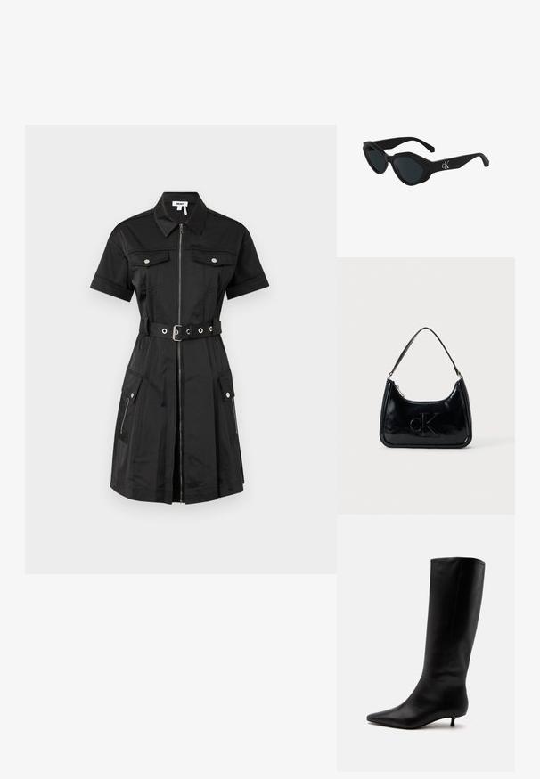 Schwarzes Kleid mit kurzen Ärmeln, Reißverschluss vorne, zwei Brusttaschen und seitlichen Taschen. Es hat eine taillierte Silhouette mit silbernen Hardware-Elementen.; Schwarzer kniehoher Lederstiefel mit spitz zulaufender Schuhspitze und niedrigem Kittenabsatz vor einem schlichten hellen Hintergrund.; Schwarze cat-eye Sonnenbrille mit glänzender Oberfläche, dunklen Gläsern und einem "cK"-Logo am Steg. Winkeliges Design und dicke Rahmen.; Schwarze Handtasche aus patentiertem Leder mit einem gebogenen oberen Griff, Reißverschluss und geprägt "cK" Logo auf der Vorderseite. Glatte Textur, strukturierte Form.