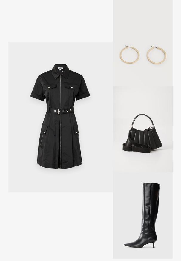Schwarzes Kleid mit kurzen Ärmeln, Reißverschluss vorne, zwei Brusttaschen und seitlichen Taschen. Es hat eine taillierte Silhouette mit silbernen Hardware-Elementen.; Schwarze Lederstiefel bis zum Knie mit spitzem Zehenbereich und schmalem, geschwungenem Absatz. Glatte Textur, enganliegendes Design und keine sichtbaren Beschläge oder Muster.; Schwarze, gefaltete Handtasche mit einem runden Griff, verstellbarem Schulterriemen und glänzender Textur. Verfügt über silberne Hardware und eine strukturierte Silhouette.; Paar mittelgroße, glatte Creolen in Goldton mit Scharnier-Verschlüssen auf einem einfarbigen hellen Hintergrund.
