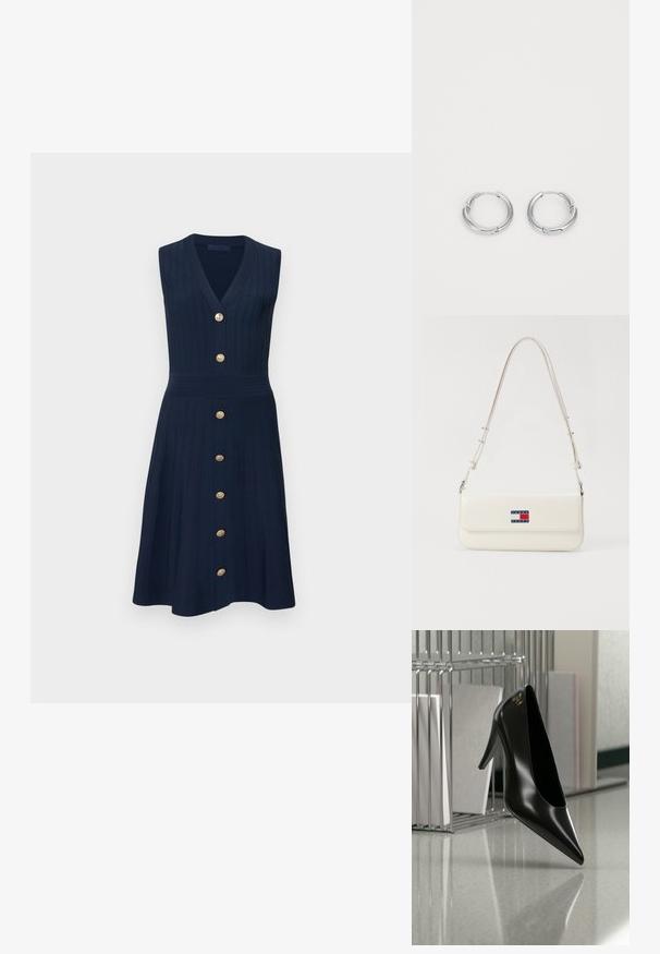Robe bleu marine sans manches avec col en V, texture côtelée, taille cintrée et une rangée verticale de sept boutons dorés sur le devant.; Chaussure noire à talon haut avec bout pointu et logo doré, posée sur une surface réfléchissante près d'un organiseur de dossiers en fil chromé contenant des documents.; Sac à épaule en simili cuir blanc avec une longue bandoulière, doté d'un rabat magnétique et d'un patch logo bleu, rouge et blanc sur le devant.; Boucles d'oreilles en argent en forme de rond, avec une finition lisse et polie. Éléments circulaires avec un petit fermoir pour la fermeture. Design minimaliste, léger.