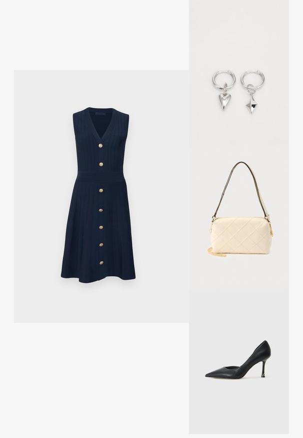Robe bleu marine sans manches avec col en V, texture côtelée, taille cintrée et une rangée verticale de sept boutons dorés sur le devant.; Escarpin noir en cuir à bout pointu avec un design élégant, featuring un talon mince et un accent doré à la base du talon. Texture lisse.; Sac d'épaule matelassé crème avec une bandoulière noire courbée et un détail de chaîne en or sur un fond clair.; Boucles d'oreilles en argent en forme de créoles, ornées d'un cœur et d'un pendentif en forme de diamant. Texture lisse avec une finition polie.