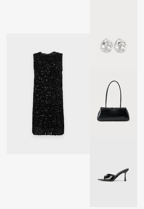 Sort ærmeløs kjole dækket af paletter, med rund udskæring og båndsløjfe bagpå, lige snit uden synlig hardware.; Sorte patenterede læder open-toe mules med en smal strop og stiletto hæl. Glat tekstur og minimalistisk design med en flad sål.; Sort rektangulær skuldertaske med lange tynde stropper og en glat, blank tekstur på en ensfarvet baggrund.; Sølv abstrakte stud øreringe med en poleret finish, der har glatte kurver og subtile konturer. Ingen synlige mønstre eller accenter.