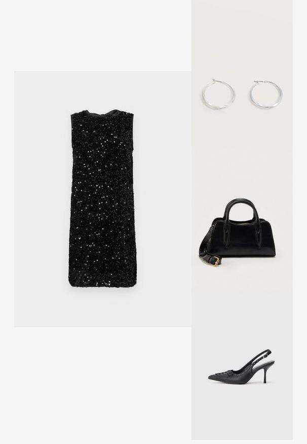 Sort ærmeløs kjole dækket af paletter, med rund udskæring og båndsløjfe bagpå, lige snit uden synlig hardware.; Sorte læder slingback stiletto med spids tå, side spændebånd, nitter langs kanten og dekorativ snøring foran.; Sort læderhåndtaske med dobbelt håndtag og aftagelig skulderrem med guldlås, sat mod en ensfarvet hvid baggrund.; Sølvfarvede metaloorringe med glat, let buet overflade og låsemekanisme på en ensfarvet hvid baggrund.