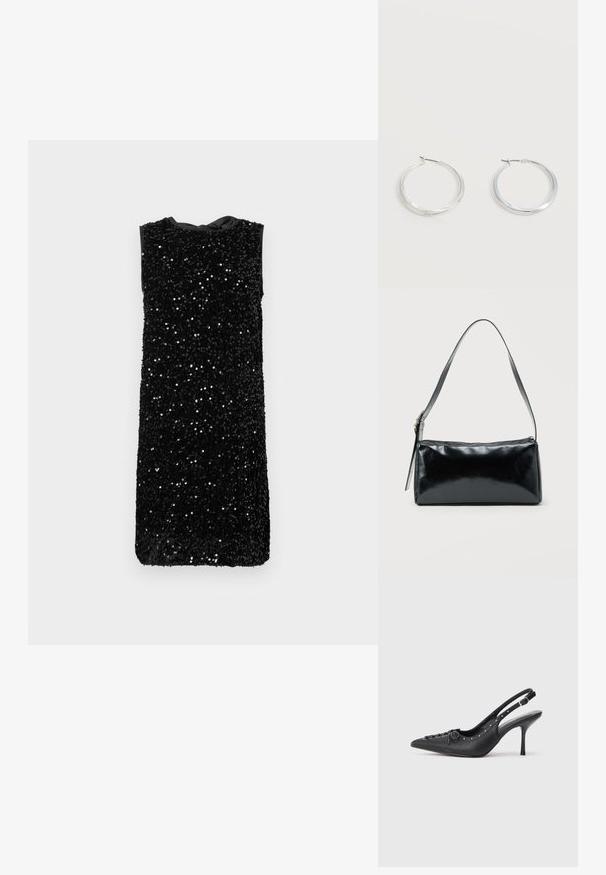 Robe noire sans manches recouverte de paillettes, avec un col rond et un lien à nouer à l'arrière, coupe droite sans matériel visible.; Escarpin en cuir noir à talon aiguille avec un bout pointu, une bride latérale à boucle, des clous le long du bord et un laçage décoratif à l'avant.; Sac d'épaule rectangulaire noir avec une sangle réglable unique et une fermeture éclair supérieure sur un fond uni.; Boucles d’oreilles créoles en métal argenté avec une surface lisse légèrement incurvée et des fermoirs à clapet sur un fond blanc uni.
