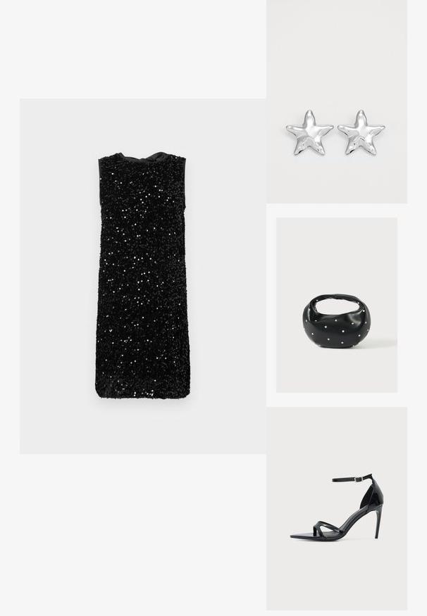 Robe noire sans manches recouverte de paillettes, avec un col rond et un lien à nouer à l'arrière, coupe droite sans matériel visible.; Sandale à talon haut en cuir verni noir avec fine bride à la cheville, bout ouvert et design minimaliste sur fond clair uni.; Sac à main en cuir noir de forme arrondie, décoré de clous argentés et équipé d'une poignée courte. Texture lisse et fermeture éclair.; Boucles d'oreilles argentées en forme d'étoile, avec une surface lisse et brillante. Chaque boucle d'oreille possède cinq pointes et des détails subtils de texture de surface.