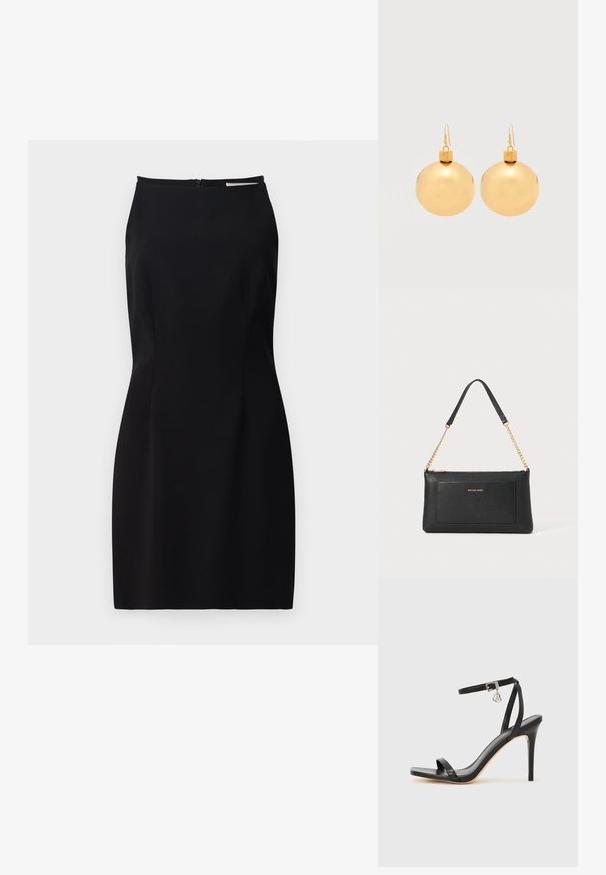 Schwarzes ärmelloses Kleid mit taillierter Silhouette, glattem Stoff, einem Reißverschluss im Rücken und dezenten Nahtdetails.; Schwarze High-Heel-Sandale mit schmalem Knöchelriemen, quadratischer Zehenbox, glattem Leder und metallischem Schnallenakzent.; Schwarze Ledertasche mit einer Kieseloberfläche, goldener Kettenriemen und einer Fronttasche. Auf der Vorderseite befindet sich ein goldenes Logo.; Paar glänzende goldene Weihnachtskugel-Ohrringe mit Hakenverschlüssen auf einfachem weißem Hintergrund.