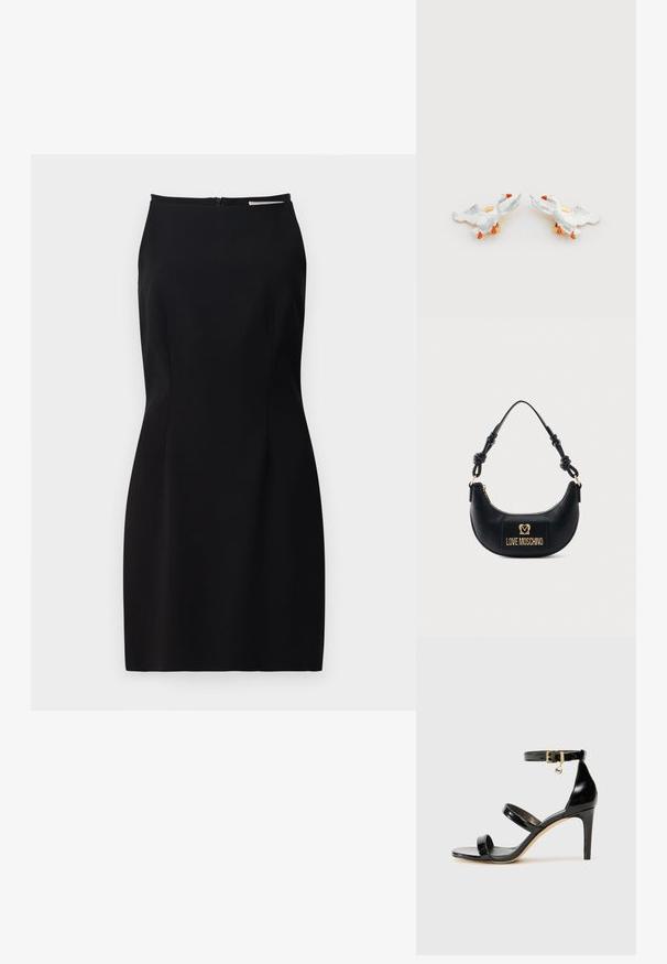 Schwarzes ärmelloses Kleid mit taillierter Silhouette, glattem Stoff, einem Reißverschluss im Rücken und dezenten Nahtdetails.; Schwarze Lackleder-Sandale mit drei Riemen, Knöchelriemen und 10 cm hohen Stiletto-Absatz. Verfügt über goldfarbene Hardware-Details und ein Logo-Charm.; Schwarze Halbmond-Handtasche mit geknotetem Griff und goldener "Love Moschino" Logo-Plakette vorne, Reißverschluss oben.; Keramik-Ohrringe in Entenform mit weißen Körpern, orangen Schnäbeln und goldfarbenen Beschlägen, mit erhabenen Flügeln und detaillierten Strukturen.