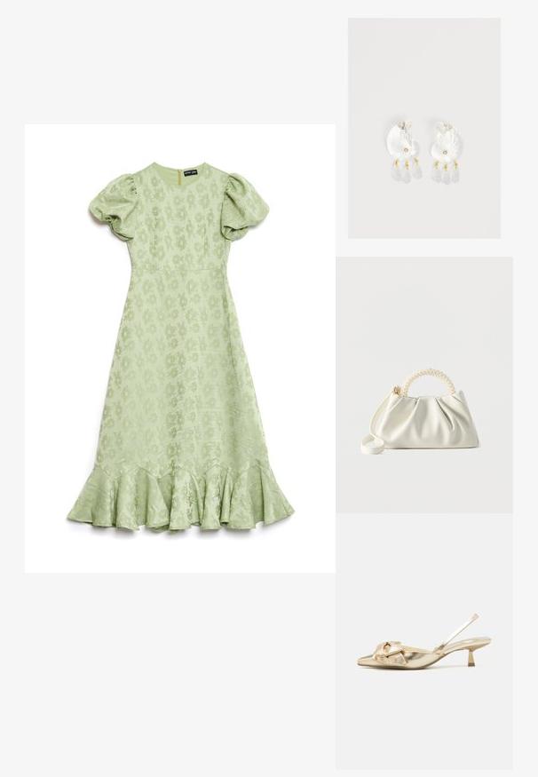 Lysegrøn kjole med puffærmer, blomsterstruktureret stof og en flared ruffled bund. Har en lynlås i ryggen til lukning.; Guldmetallic slingback sko med spids tå, der har en tekstureret overflade, en dekorativ sløjfedetail og en lav, firkantet hæl.; Lille hvid håndtaske med ruched krop, rundt håndtag pyntet med perler og aftagelig skulderrem på en ensfarvet baggrund.; Gennemsigtige øreringe i skalform af harpiks med små gyldne accenter og tre hængende gennemsigtige dråbeformede charms på hver ørering.