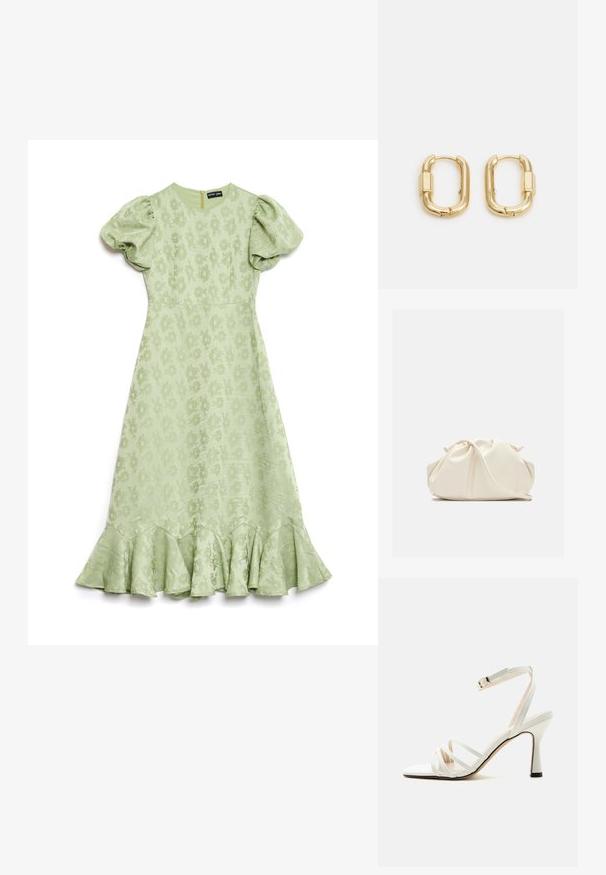 Mintgrünes Kleid mit Puffärmeln, floral strukturiertem Stoff und ausgestelltem, rüschengesäumtem Saum. Verfügt über einen Reißverschluss auf der Rückseite zur Schließung.; Weiße Sandalette mit hohem Absatz, drei vorderen Riemen und einem verstellbaren Knöchelriemen mit goldener Schnalle.; Weiche, cremefarbene Leder-Clutch mit gerafftem Design und einem dünnen Schulterriemen, der vorne auf einem schlichten Hintergrund liegt.; sweet deluxe DELILAH - Ohrringe - gold-coloured