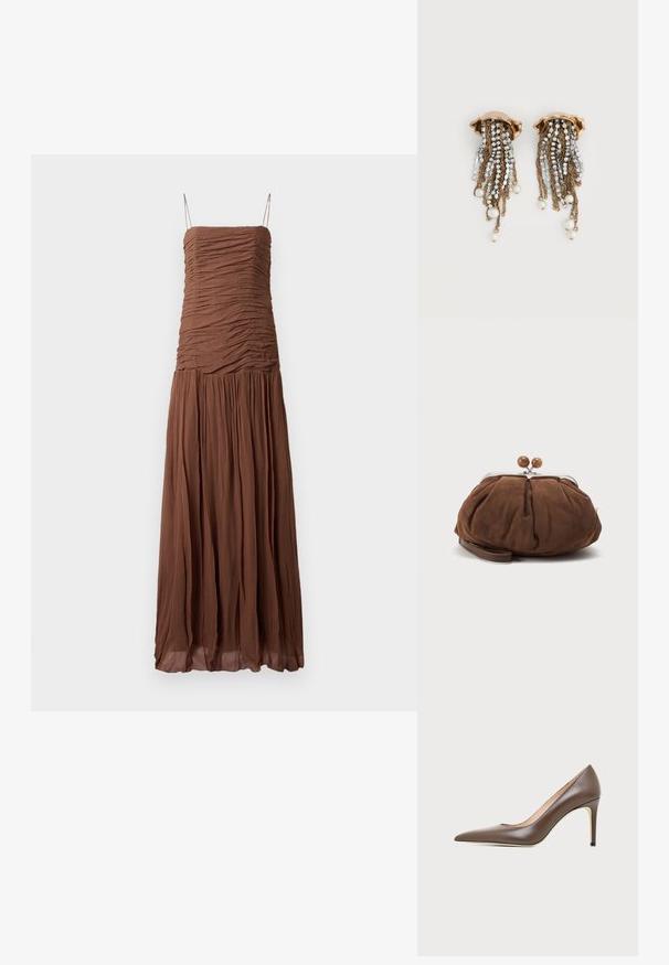Vestido maxi marrón hecho de una tela texturizada. Presenta un escote fruncido y una falda fluida, con finas tiras ajustables y un escote recto.; Zapato de tacón alto de piel marrón con puntera puntiaguda, tacón de aguja estrecho y acabado suave sobre un fondo claro.; Bolso de mano marrón suave de ante con marco metálico plateado y bolas redondas marrones como cierre sobre un fondo claro y sencillo.; Pendientes de clip en tono dorado con cadenas de cristales en cascada y perlas blancas colgantes sobre un fondo blanco.