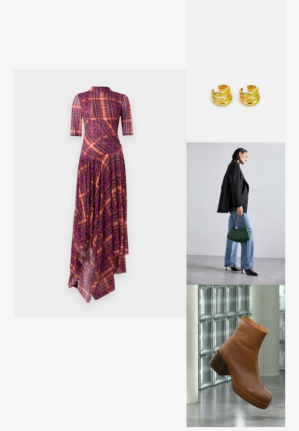 Paarse en oranje geruite jurk met korte mouwen, een nepbies, een asymmetrische zoom en vloeiende plooien met een mix van geometrische patronen.; Bruine leren enkellaars met blokhak, zwevend binnen nabij een glazen blokmuur en cilindervormige zuil op een gepolijste vloer.; DRAGON DIFFUSION ROSANNA - Handtas - forest; MISHO SUME - Oorbellen - gold-coloured/lime green