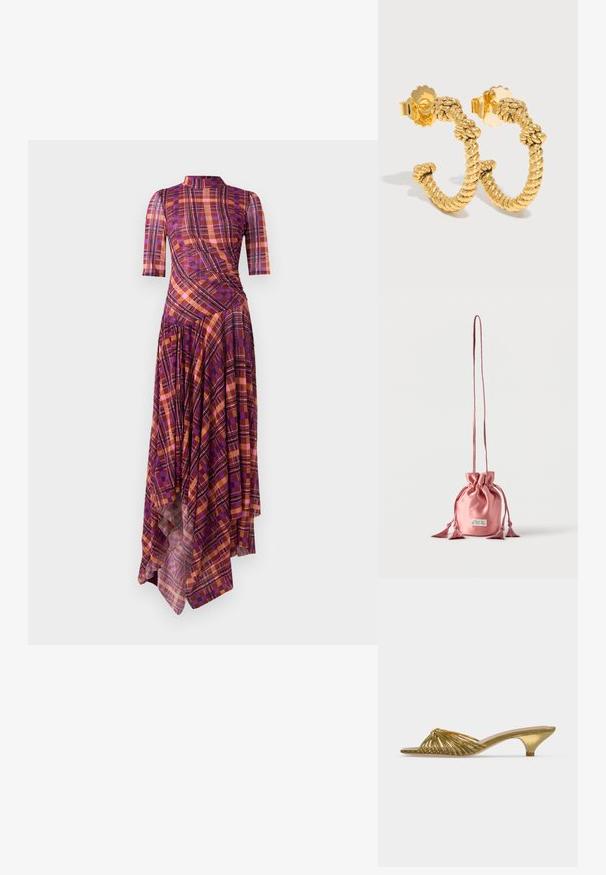 Paarse en oranje geruite jurk met korte mouwen, een nepbies, een asymmetrische zoom en vloeiende plooien met een mix van geometrische patronen.; Gouden mule met open teen, lage kittenhak en knoopdesign op een effen witte achtergrond.; Roze satijnen trekkoordzakje met lange band en kwastdetails, rechtopstaand op een effen witte achtergrond.; Gouden ronde oorbellen met gedraaide koordstructuur en vlinderachterkanten op een lichte achtergrond.