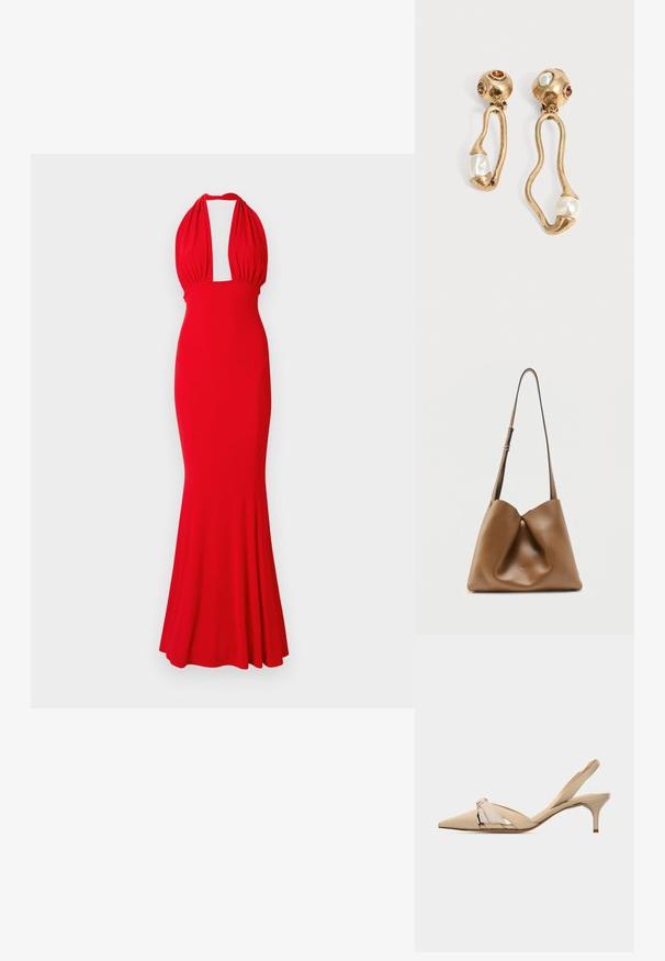Robe halter rouge en tissu ajusté, avec un décolleté plongeant et un ourlet évasé. Texture lisse sans motifs ni embellissements visibles.; Chaussure beige à bouts pointus avec bride arrière, talon kitten bas et fin, et nœud décoratif sur la tige.; Sac à bandoulière en cuir marron avec sangle réglable, design souple et décontracté, et logo embossé discret sur le devant sur un fond uni.; Boucles d'oreilles en ton doré avec des formes ouvertes irrégulières, chacune ornée d'une perle en bas et de détails en pierres précieuses sur les clous ronds.