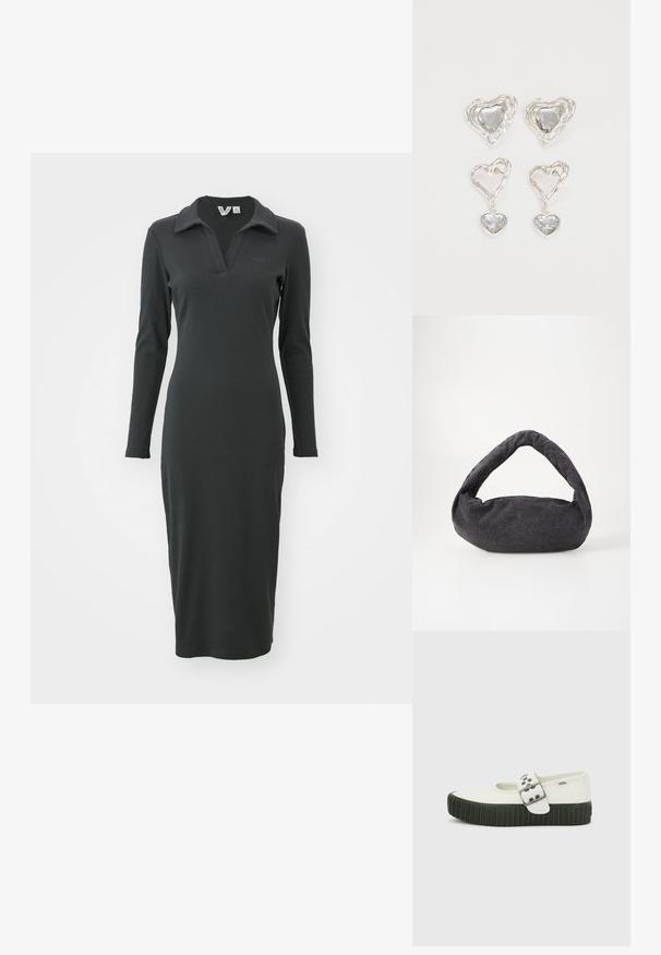 Robe noire à manches longues en maille côtelée, avec un col polo et une fente en bas. Présente un logo discret sur la poitrine. Design élégant et ajusté.; Chaussure Mary Jane blanche Vans avec semelle épaisse noire côtelée et large bride à boucle argentée sur fond gris uni.; Sac en tissu gris foncé avec une anse courbée, texture douce et forme arrondie. Pas de matériel ou d'embellissements visibles.; Des boucles d'oreilles en argent en forme de cœur présentent des pierres claires facettées, avec un cadre texturé. L'ensemble comprend des styles à clou et des styles pendants.