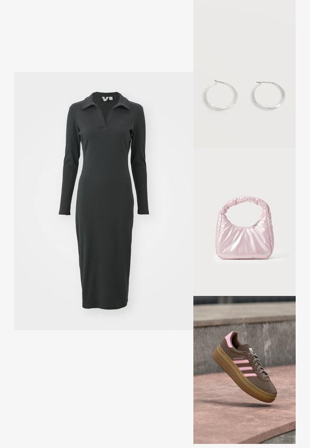 Robe noire à manches longues en maille côtelée, avec un col polo et une fente en bas. Présente un logo discret sur la poitrine. Design élégant et ajusté.; Baskets Adidas Gazelle marron avec des rayures roses et un détail au talon, flottant au-dessus d'une surface en pierre en plein air.; Sac à main rose rembourré avec un design arrondi, fabriqué à partir d'un matériau brillant. Dispose d'une poignée froncée et d'une fermeture éclair pour un accès sécurisé.; Boucles d’oreilles créoles en métal argenté avec une surface lisse légèrement incurvée et des fermoirs à clapet sur un fond blanc uni.