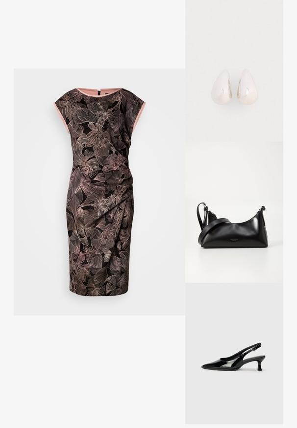 Robe noire ornée d'un imprimé floral en rose et beige. Manches courtes, détail froncé sur le côté, longueur au genou, et fermeture éclair au dos.; Escarpins en cuir verni noir avec un bout pointu et un petit talon carré. Sangle réglable à la cheville avec boucle.; Sac à main en cuir noir avec une texture lisse. Dispose d'une bandoulière adjustable et d'un design élégant et minimaliste avec une fermeture éclair.; Boucles d'oreilles en métal argenté en forme de goutte, avec une surface lisse et réfléchissante, présentant un design sans couture et sans embellissements visibles.