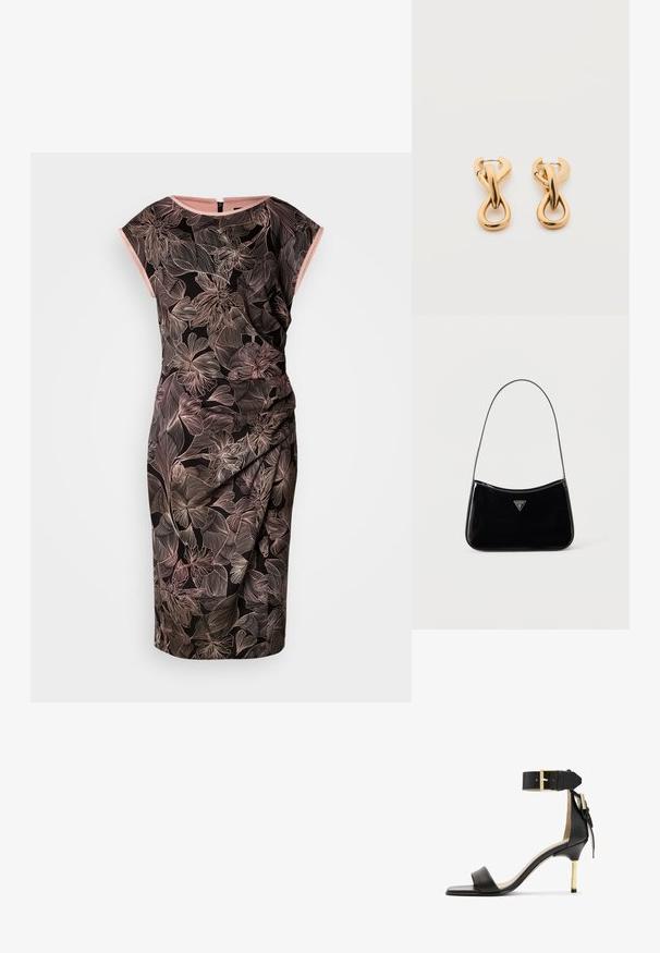 Robe noire ornée d'un imprimé floral en rose et beige. Manches courtes, détail froncé sur le côté, longueur au genou, et fermeture éclair au dos.; Sandale à talon en cuir noir avec un bout carré, une bride de cheville dotée d'une boucle en or et un talon métallique fin. Texture lisse, design minimaliste.; Sac à bandoulière en cuir verni noir avec une sangle fine, logo triangulaire Guess sur le devant et une fermeture éclair supérieure.; Paire de boucles d'oreilles créoles en bouclettes dorées brillantes sur fond blanc uni, présentant un design torsadé entrelacé.