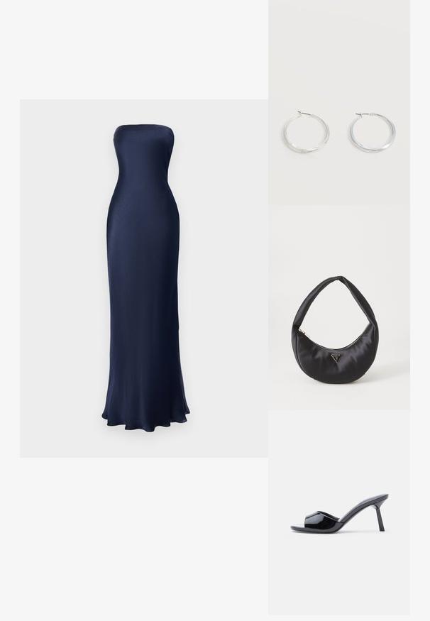 Strapless, bodenlanges Kleid in Marineblau. Glattes, glänzendes Material mit figurbetontem Schnitt und ausgestellt gesäumtem Saum. Minimalistisches Design, keine sichtbaren Muster.; Schwarze Sandalen mit Absatz aus Lackleder, offenem Zehenbereich, mit geschwungenem Obermaterial und spitz zulaufendem Stilettoabsatz. Glatte, glänzende Oberfläche.; Schwarze Satin-Handtasche mit geschwungener Form, ausgestattet mit einem Reißverschluss und einem dreieckigen Metallsymbol auf der Vorderseite. Glatte Textur und elegantes Design.; Silberne Metallcreolen mit glatter, leicht gebogener Oberfläche und Klappverschluss vor schlicht weißem Hintergrund.