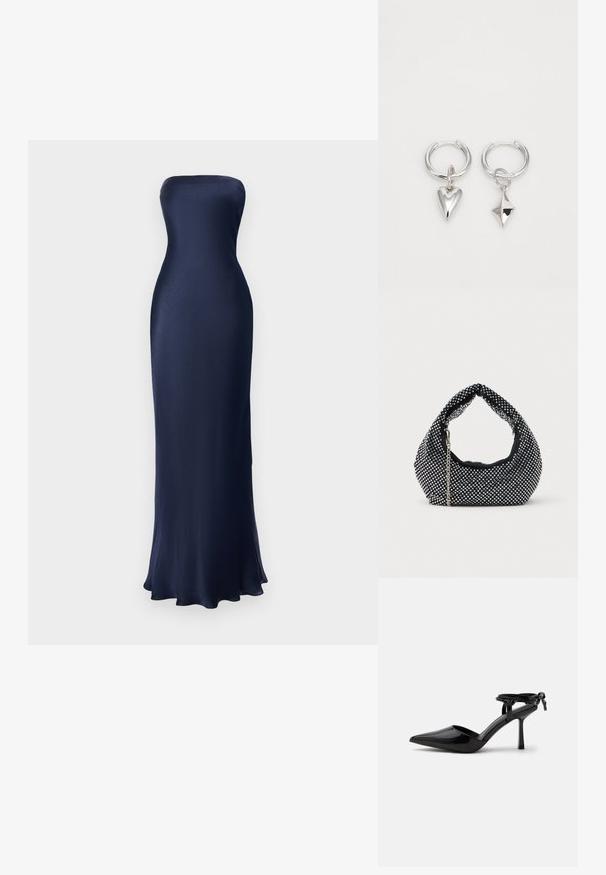 Strapless, bodenlanges Kleid in Marineblau. Glattes, glänzendes Material mit figurbetontem Schnitt und ausgestellt gesäumtem Saum. Minimalistisches Design, keine sichtbaren Muster.; Schwarzer Lackleder-Pumps mit spitzer Zehenpartie und Knöchelriemen, hinten zu einem Knoten gebunden, gezeigt auf weißem Hintergrund.; Schwarze Netz-Handtasche verziert mit silbernen Nieten, mit einem gebogenen Griff und einem Kettenriemen. Weiche Textur mit runder Form.; Silberne Creolen mit einem Herz- und einem diamantförmigen Anhänger. Glatte Textur mit polierter Oberfläche.
