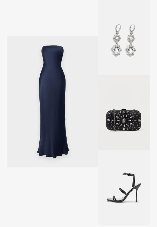 Strapless, bodenlanges Kleid in Marineblau. Glattes, glänzendes Material mit figurbetontem Schnitt und ausgestellt gesäumtem Saum. Minimalistisches Design, keine sichtbaren Muster.; Schwarze Lackleder-High-Heel-Sandalen mit drei horizontalen Riemen und einem verstellbaren Knöchelriemen. Schlanke Silhouette und glänzende Oberfläche.; Schwarze Clutch mit rechteckiger Form, verziert mit verschiedenen Strasssteinen in einem floralen Muster, ausgestattet mit einer silbernen Kette zum Tragen.; Silberfarbene Ohrringe mit mehreren klaren Kristallgemmen in Tropfen- und Marquiseformen, mit Klappverschluss und kunstvollen Details.