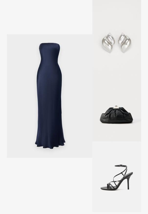 Strapless, bodenlanges Kleid in Marineblau. Glattes, glänzendes Material mit figurbetontem Schnitt und ausgestellt gesäumtem Saum. Minimalistisches Design, keine sichtbaren Muster.; Schwarze High-Heel-Sandale mit dünnen Riemen, einem Knöchelverschluss, einer glatten Lederoberfläche und einem schlanken Stiletto-Absatz.; Schwarze Leder-Clutch mit geraffter Textur, Metallverschluss und dezentem, auf der Vorderseite geprägtem Logo. Abgerundete Form.; Silberne Ohrringe mit einer organischen, abstrakten Form. Glatte, glänzende Oberfläche mit einem konischen Design. Mit dezenten Kurven und einem zentralen Linienelement.