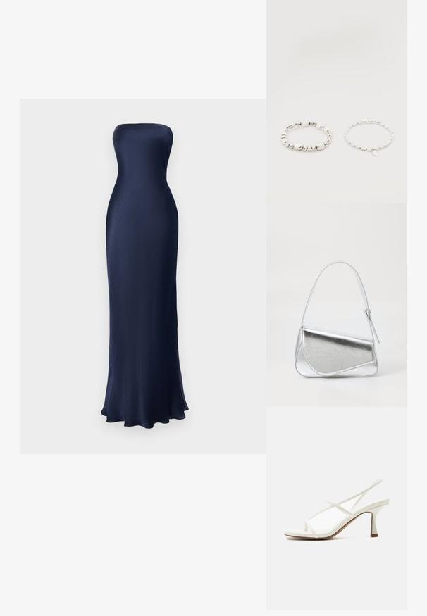 Strapless, bodenlanges Kleid in Marineblau. Glattes, glänzendes Material mit figurbetontem Schnitt und ausgestellt gesäumtem Saum. Minimalistisches Design, keine sichtbaren Muster.; Weiße Damen Sandalette mit offenem Zehenbereich, dünnen überkreuzten Riemen und Slingback auf hellem Hintergrund.; Silberfarbene metallische Handtasche mit dreieckiger Form, glatter Textur und einem dünnen, verstellbaren Schultergurt. Sie verfügt über ein umklappbares Design mit Nähten.; Zwei Armbänder mit silbernen Perlen auf weißem Hintergrund; eines mit unregelmäßigen Perlen und das andere mit gleichmäßigen Perlen und einem kleinen tropfenförmigen Anhänger.