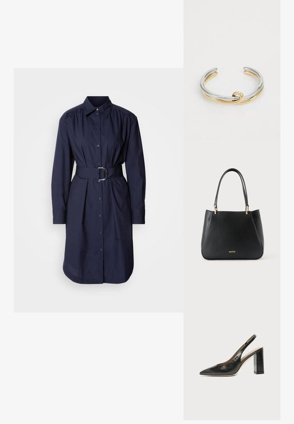 Navy blauwe hemdjurk met riem, gemaakt van katoen, met een kraaghalslijn, lange mouwen, knoopsluiting aan de voorkant en subtiele plooien bij de taille.; Zwarte leren slingback schoen met spits toelopend neusje, hoge blokhak en beige binnenvoering tegen een effen lichte achtergrond.; Zwarte leren handtas met twee hengsels, gouden hardware en het "HUGO"-logo middenvoor tegen een effen lichte achtergrond.; Metalen armband met een gevlochten ontwerp van zilveren en gouden banden, met een gladde, gepolijste afwerking. Opvallend knoopdetail in het midden.