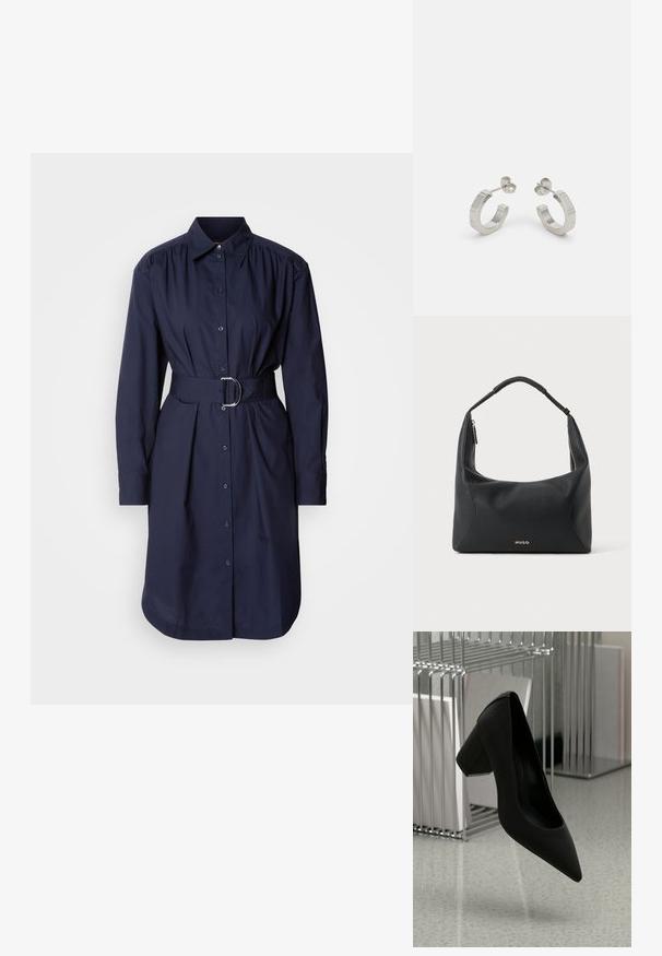 Vestido de camisa azul marino con cinturón, hecho de algodón, que presenta un cuello con solapa, mangas largas, cierre de botones en la parte delantera y sutiles pliegues en la cintura.; Zapato de tacón alto negro con punta afilada y tacón grueso, hecho de cuero texturizado, suspendido sobre un suelo liso.; Bolso de hombro de cuero negro con asa trenzada, detalle de cremallera dorada y pequeño logo "HUGO" dorado en el centro frontal.; Pendientes aros de metal plateado con un diseño texturizado, que cuentan con un pequeño respaldo de clip y una marca en uno de los aros. Forma redondeada con un acabado pulido.