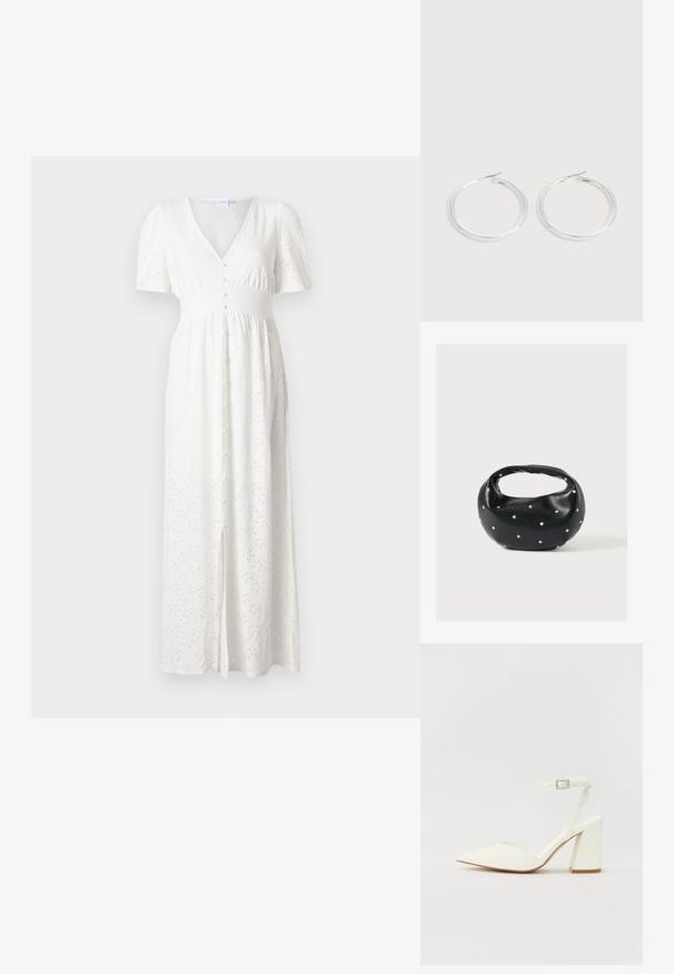 Robe maxi blanche avec un décolleté en V, des manches courtes bouffantes, un bouton devant et un motif de points brodés. Le tissu est léger avec une coupe ample.; Sandale blanche à talon avec un bout pointu, sangle de cheville réglable et un talon carré épais. Texture lisse avec des détails de couture minimaux.; Sac à main en cuir noir de forme arrondie, décoré de clous argentés et équipé d'une poignée courte. Texture lisse et fermeture éclair.; Paire de boucles d'oreilles créoles argentées brillantes avec fermoirs en fil fin, présentée sur un fond gris clair.