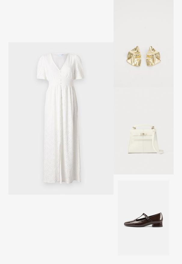 Vestido maxi blanco con escote en V, mangas cortas abullonadas, botones en el frente y un patrón de puntos bordados. La tela es ligera y de corte holgado.; Zapatos Mary Jane de charol marrón con punta redondeada, diseño recortado y una correa ajustable. Tacón bajo y ancho.; Bolso de mano de piel blanca con forma estructurada, asa superior, correa de hombro desmontable y cierre con broche plateado. Textura suave, diseño minimalista.; Pendientes metálicos dorados con un diseño ondulado; superficie lisa y reflectante; forma asimétrica; sin patrones o elementos visibles.