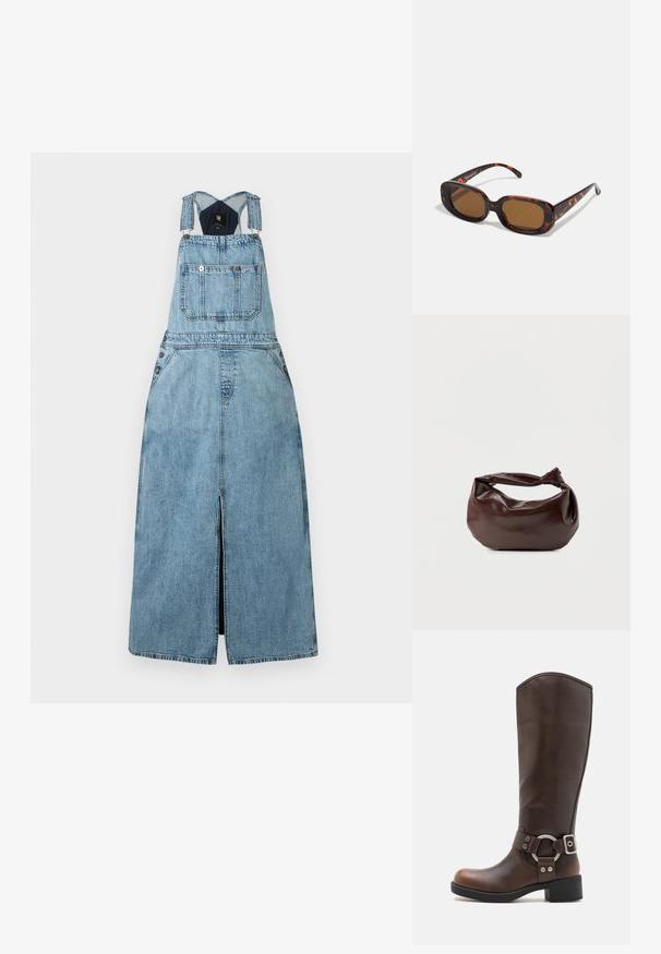 Lyseblå denim ærmeløs kjole med frontlomme, justerbare stropper og frontslids ned midt på.; Brune læderknæhøje støvler med en rund metalhardwaredetalje og spænde. Let struktureret overdel, stablet hæl og rund tå-design.; Skildpaddefarvede solbriller med rektangulær form, brune linser, glat plastikskelet og tynde stænger med subtile tonale mønstre.; Mørkebrun læder skuldertaske med en blød, afslappet form og et snoet knudehåndtag på en ensartet hvid baggrund.