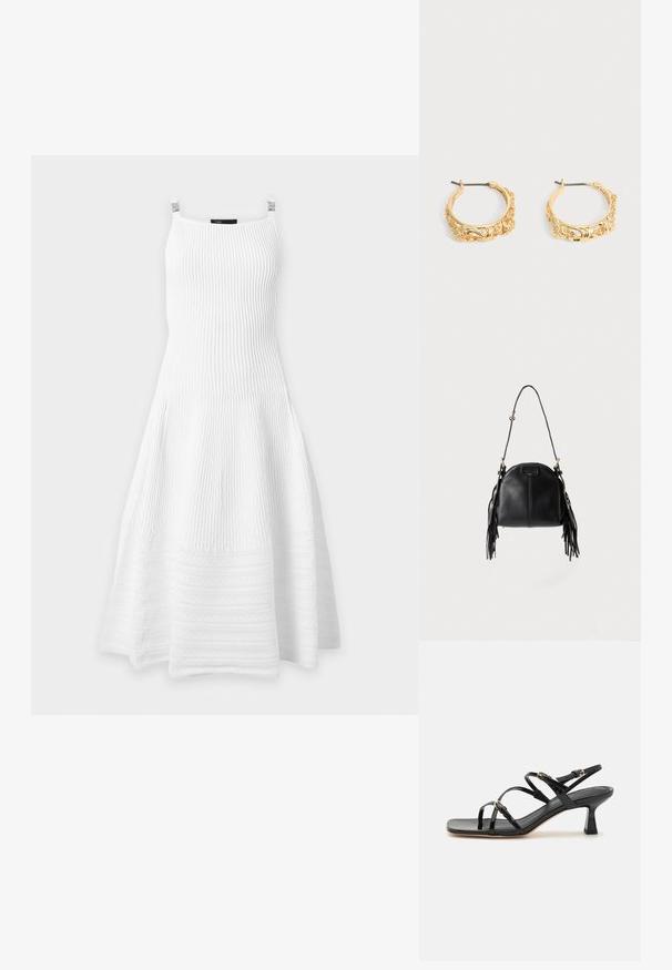 Robe blanche sans manches en maille côtelée avec jupe évasée et encolure carrée sur des clips sur fond uni.; Sandales à strapes en cuir verni noir avec un bout carré et un petit talon carré. Présente des accessoires en métal doré et des brides de cheville réglables.; Sac à main en cuir noir avec une forme courbée, une longue bandoulière réglable et des franges de chaque côté sur un fond clair.; Paire de boucles d’oreilles créoles couleur or avec embossage floral et feuillage orné sur un fond neutre.