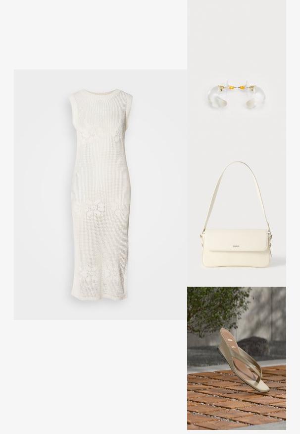 Vestido largo, blanco y sin mangas, hecho de material de punto abierto, con patrones florales en la cintura. Silueta de corte recto.; Sandalia de cuero beige con logo de BOSS en la plantilla, flotando sobre un patio de listones de madera con pequeñas piedrecillas entre ellos.; Bolso de hombro de cuero color crema con cierre de solapa, herrajes plateados, una sola correa ajustable y detalles sutiles con el logo.; Pendientes de aro de acrílico transparente con acentos dorados, que presentan un diseño curvado y un cierre transparente. Textura suave, estilo minimalista.