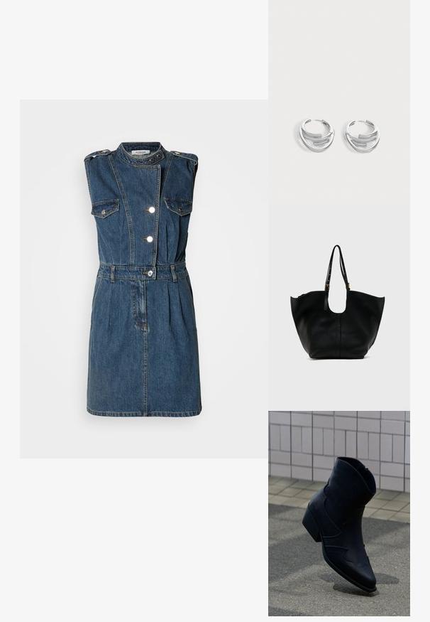 Robe en denim sans manches de couleur bleu foncé avec un col haut, des boutons argentés, deux poches poitrine, une taille ceinturée et une jupe plissée.; Bottine en cuir noir avec un petit talon, couture décorative et bout pointu, positionnée debout sur une surface pavée à côté d’un mur carrelé.; Sac cabas en cuir noir avec ouverture large en haut et sangles d'épaule réglables avec boucles dorées, présenté sur un fond clair uni.; Paire de boucles d'oreilles anneaux en argent poli avec un design de barre incurvée superposée sur un fond clair uni.